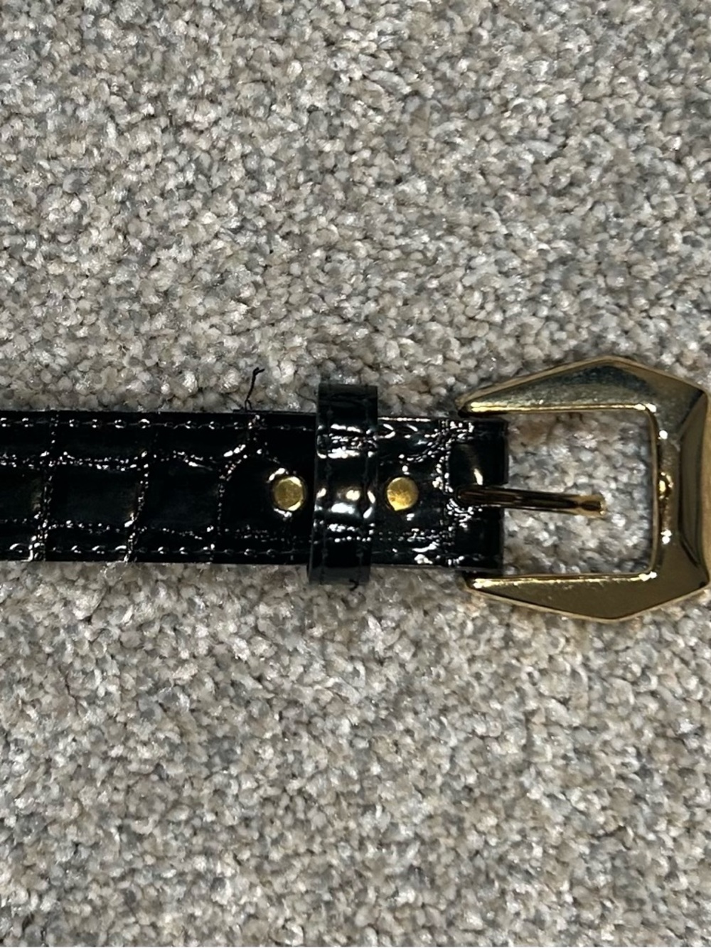 Black Croc-Embossed Leather Belt with Gold Buckle